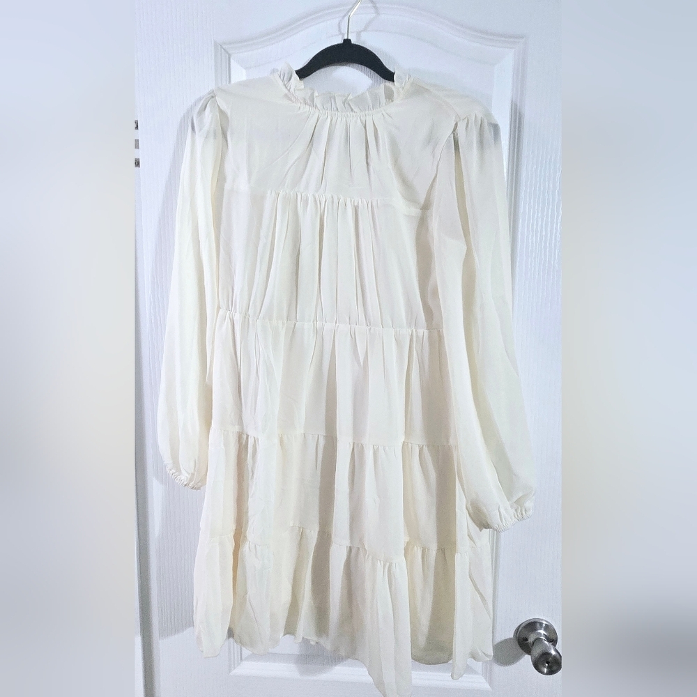 Cream Sheer Long Sleeve Ruffle Mick Neck Tiered Dress Size Small - Picture 3 of 12